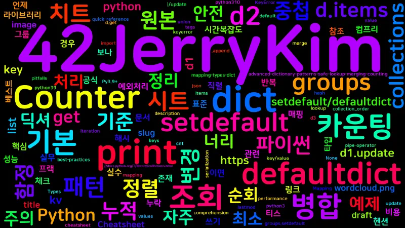 Featured image of post [Python Cheatsheet] 05. dict 패턴 - 조회/기본값/카운팅/병합